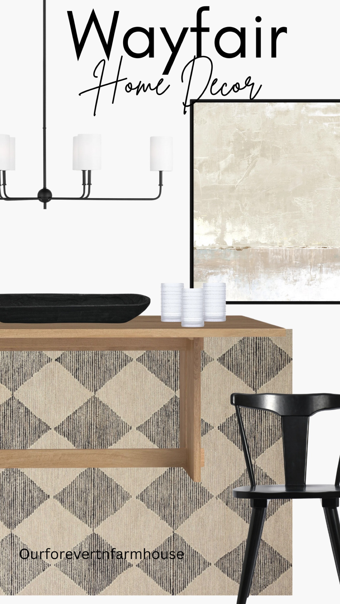 Wayfair home decor finds. Modern transitional dining room.  Wood table, black chairs, linear chandelier and modern artwork 

#LTKHome