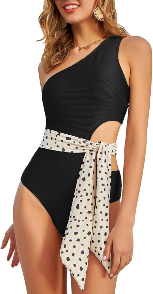 LIUMILAC Women Cutout One Shoulder Swimsuit with Tie Asymmetric One Piece Beach | Amazon (US)