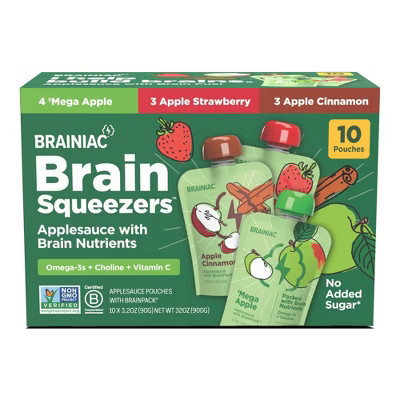 Brainiac Kids Brain Squeezers Applesauce Pouches with Omega-3s Variety Pack Apple, Strawberry and Cinnamon - 3.2oz/10ct | Target