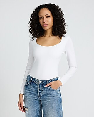 Body Contour Stretch Cotton Scoop Neck Long Sleeve Bodysuit | Express