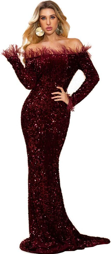 Lin Lin Q Long Sleeve Sequin Maxi Off Shoulder Dress       
Material: Polyester | Amazon (US)