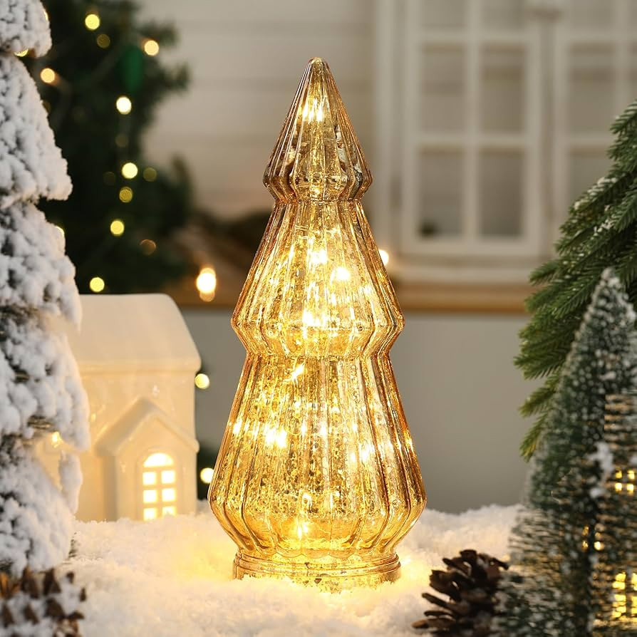 Christmas Decorations-Light Up Gold Mercury Glass Christmas Tree-Tabletop Christmas Tree with LED... | Amazon (US)