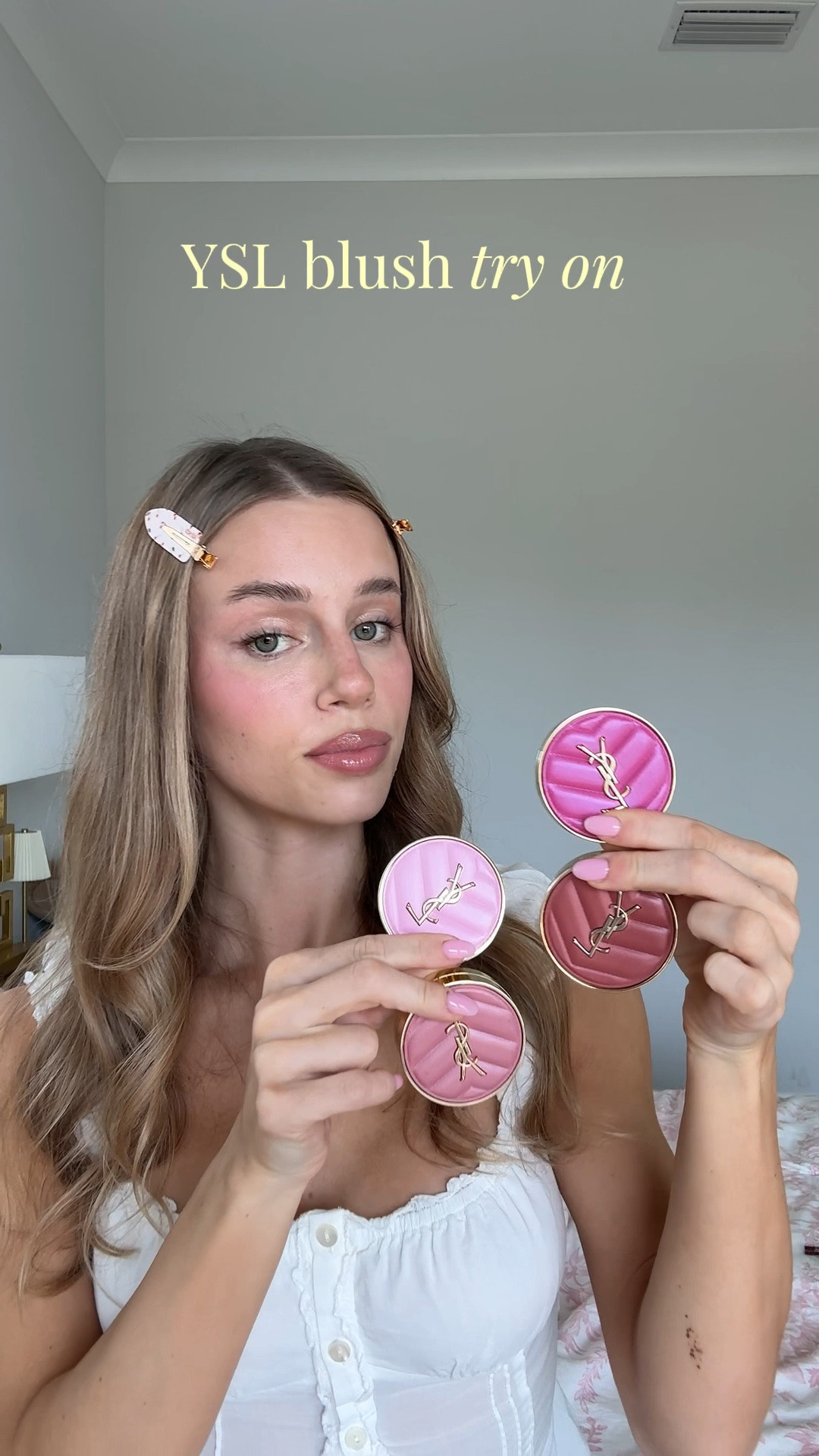YSL blush try on 
babydoll pink
fuchsia fizz
honeymoon
nude lavalliere
