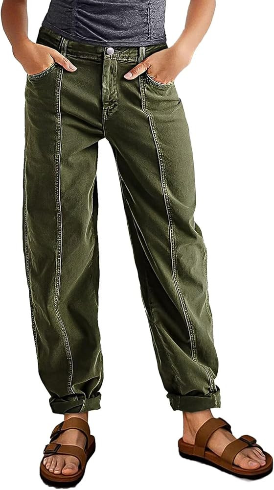 Flamingals Women's Straight Leg Pants Mid Rise Barrel Boyfriend Roll Hem Stitch Front Patch Pocke... | Amazon (US)