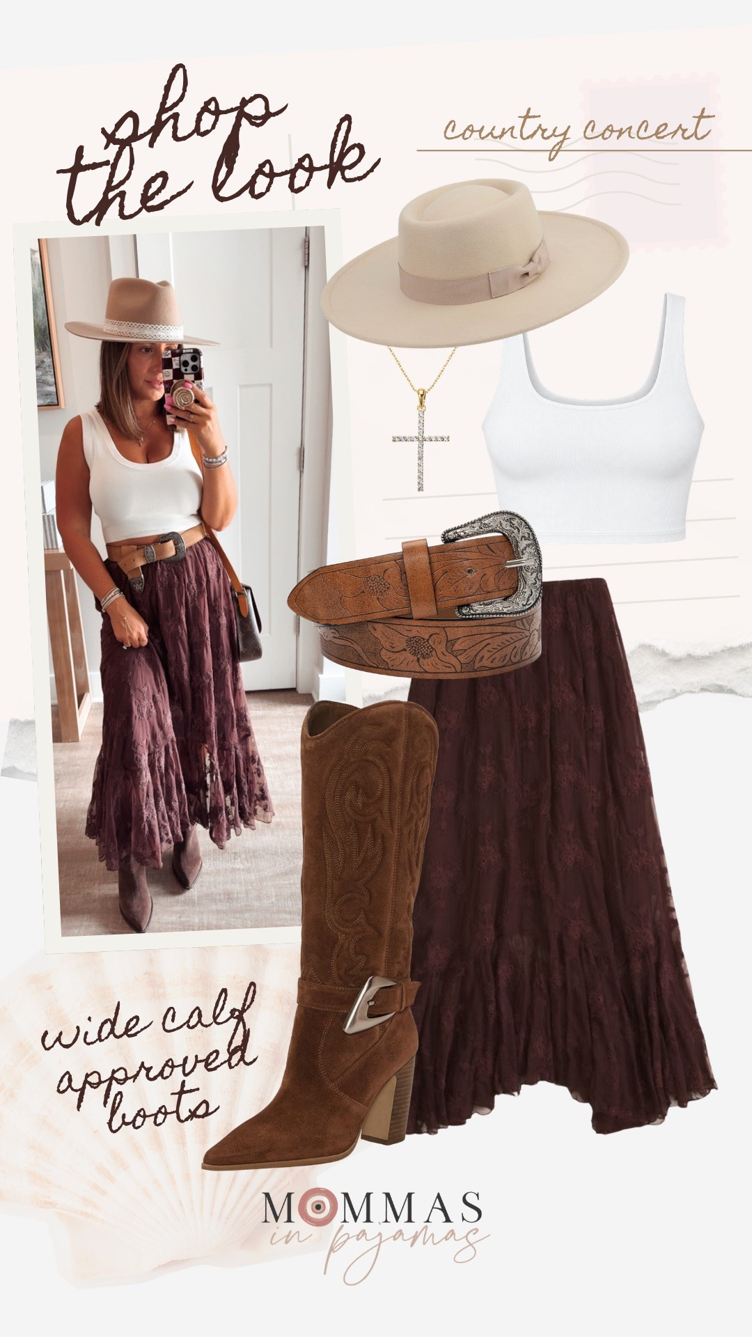 This concert look is all my favorite things…. Comfortable, petite approved skirt, wide calf approved boots, full bust friendly top and the cutest accessories. This skirt has quickly become one of my favorites, it’s adorable and fits so well. 
Country concert outfit inspo

#LTKMidsize #LTKPetite #LTKSeasonal
