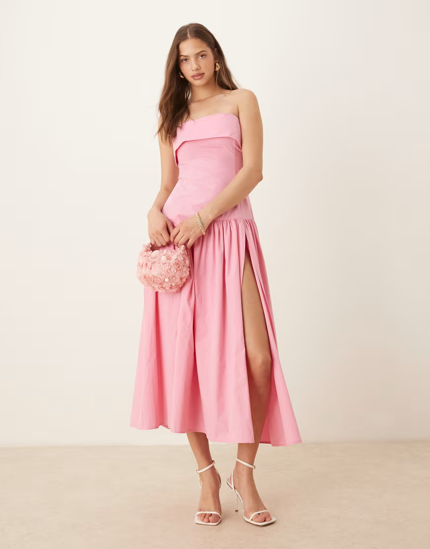 ASOS DESIGN fold over bandeau midi dress with asymmetric detailing in pink | ASOS (Global)