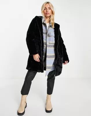 New Look hooded zip up faux fur coat in black | ASOS (Global)