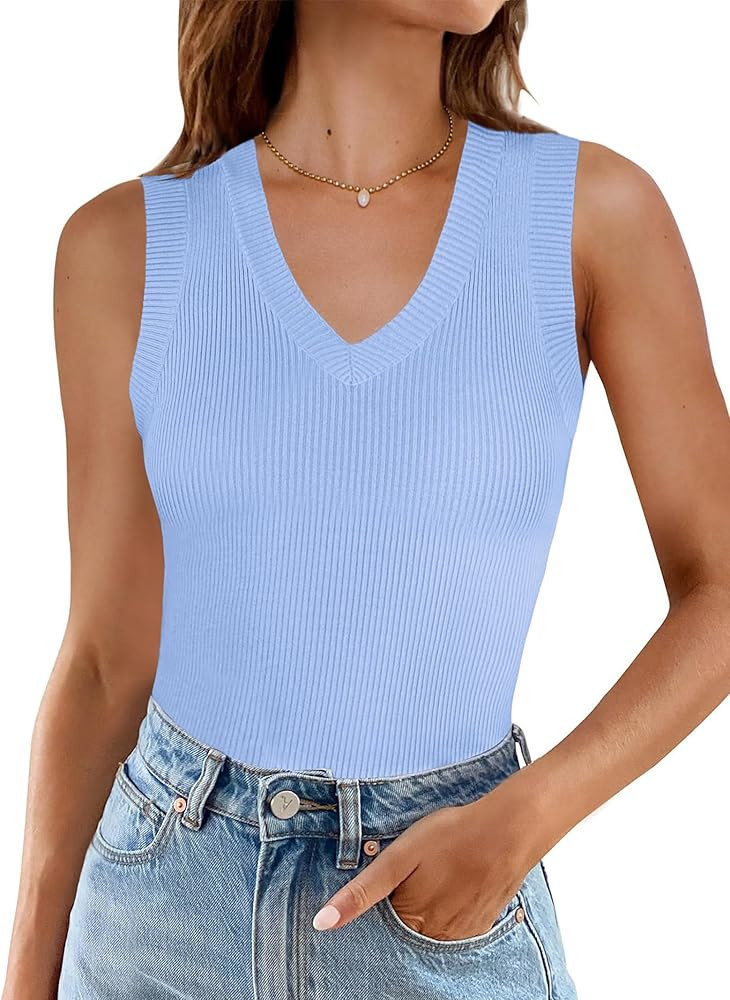 ANRABESS Women's Sleeveless Sweater Vest Summer V Neck Ribbed Knit Slim Fit Tank Tops 2025 Trendy... | Amazon (US)