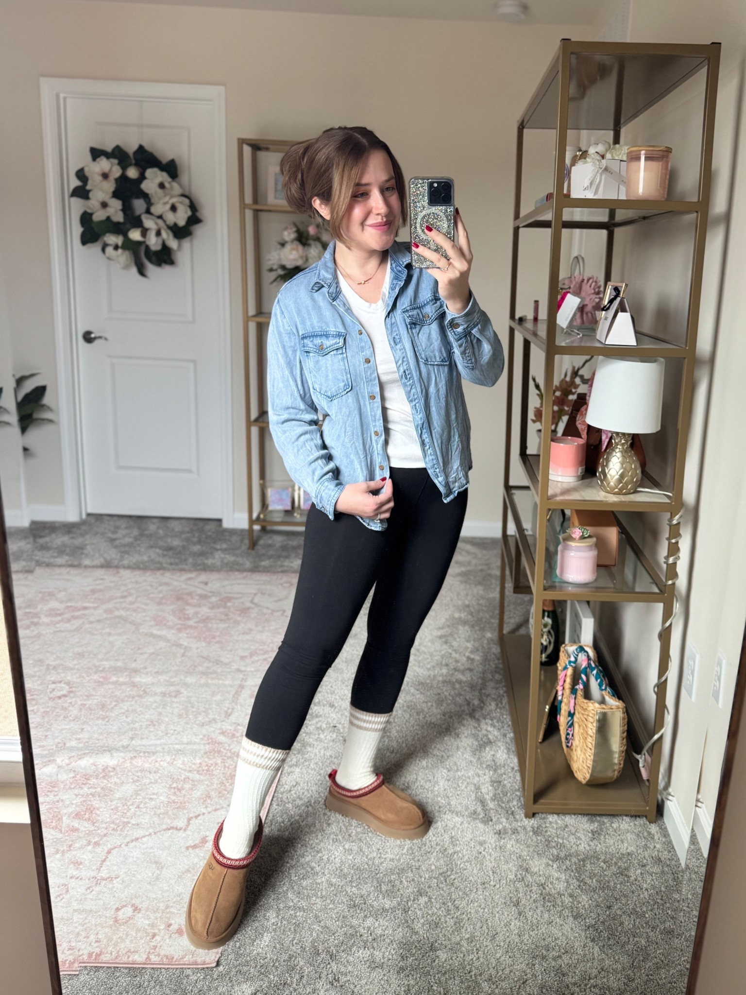 This is such an easy outfit for days at home because of the layers. Also would be perfect for those warmer winter days when you may benefit from having a T-shirt under your button-down shirt as a style tip I liked up for either an oversized shirt and style the jacket over it or a more fitted shirt And make sure it hits on my waist. This is an incredibly flattering look, especially if you are dressing for postpartum.

#LTKTravel #LTKootd #LTKmomlife