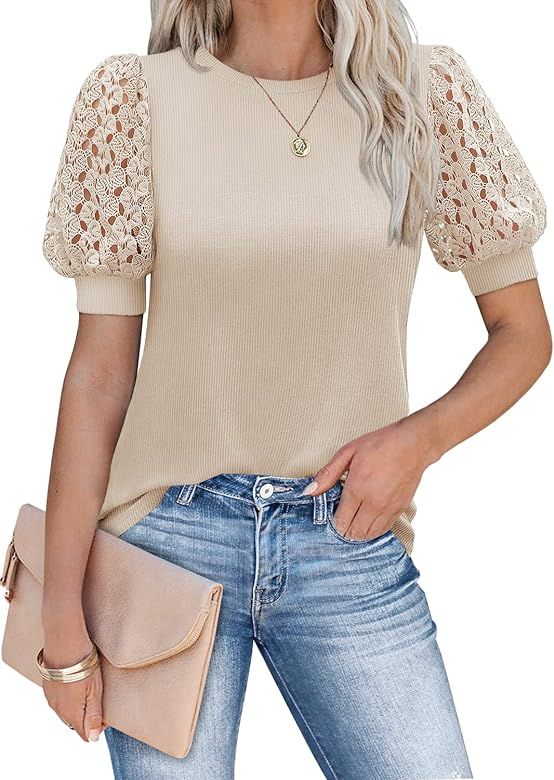 DOROSE Women's Puff Sleeve Tops Lace Casual Loose Summer Blouses T Shirt | Amazon (US)