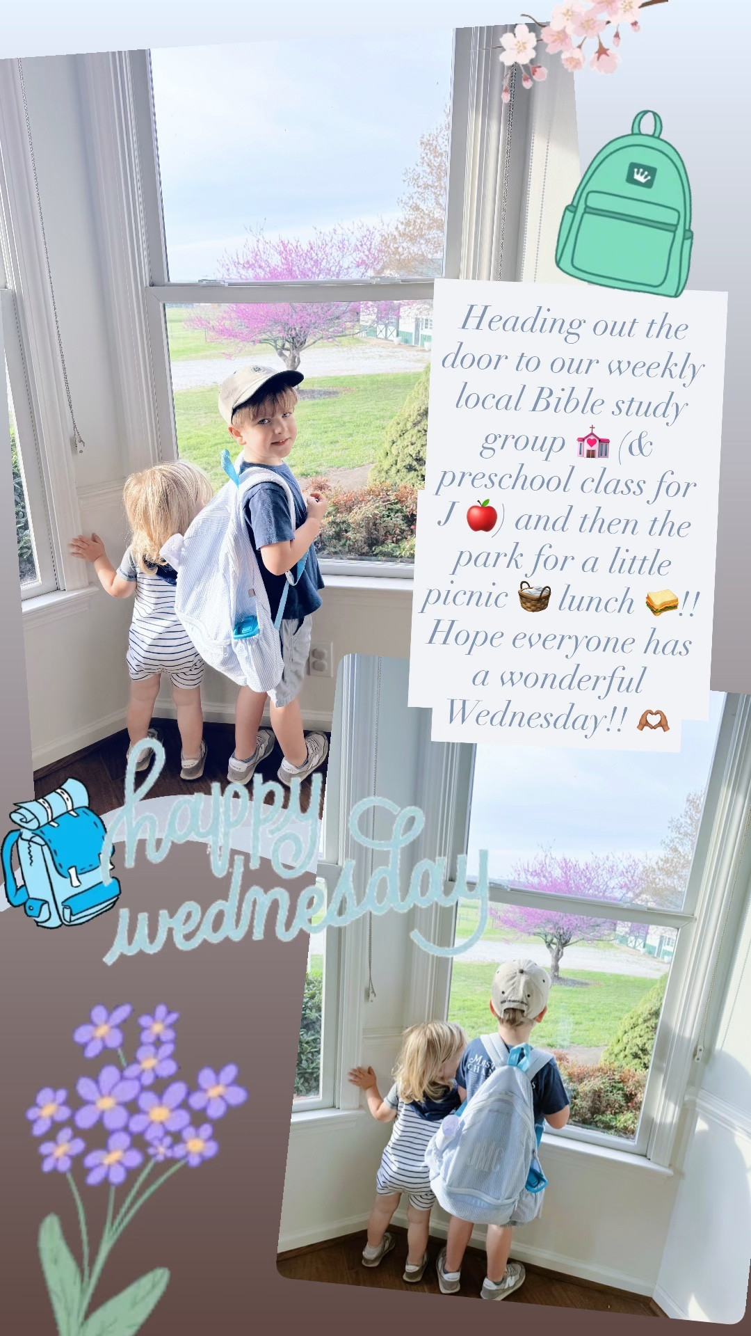 Heading out the door to our weekly local Bible study group 💒 (& preschool class for J 🍎) and then the park for a little picnic 🧺 lunch 🥪!! Hope everyone has a wonderful Wednesday!! 🫶🏽