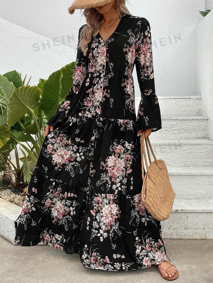 SHEIN VCAY Allover Floral Print Flounce Sleeve Ruffle Hem Smock Dress | SHEIN