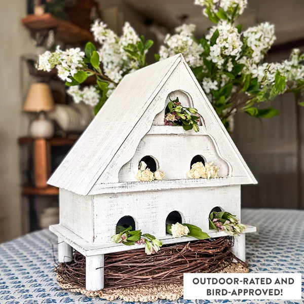 Distressed White Wood Functional Bird House | Outdoor Rated - Decor Steals | Decor Steals