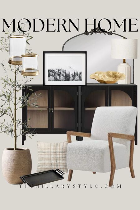 Modern Home: neutral home decor and furniture finds for the modern organic home. Black cabinet, sideboard cabinet, white accent chair, faux olive tree, black arch mirror, glass hurricane, framed art, ceramic lamp, gold bowl, plaid accent pillow, black tray. Target, Wayfair, Pottery Barn, West Elm, H&M. 

#LTKSeasonal #LTKStyleTip #LTKHome