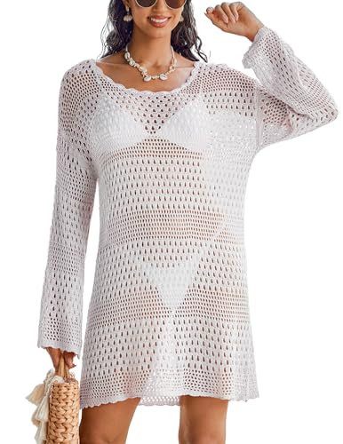 AI'MAGE Knit Swimsuit Cover Up for Women Crochet Beach Dress Womens Long Sleeve Mesh Swim Cover ups Dress White L | Amazon (US)