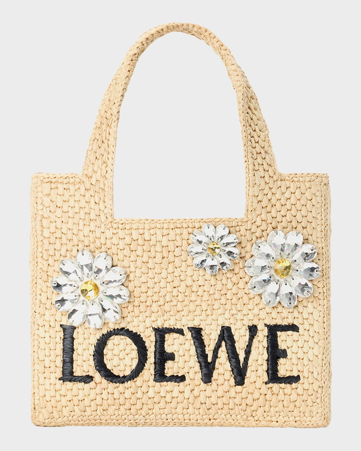 x Paula & apos;s Ibiza Crystal Floral Applique Raffia Tote Bag | Neiman Marcus