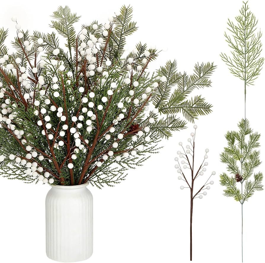 Tigeen 30 Pcs Christmas Artificial Pine Branches with Berry Stems 16 Inch Christmas Greenery Stem... | Amazon (US)