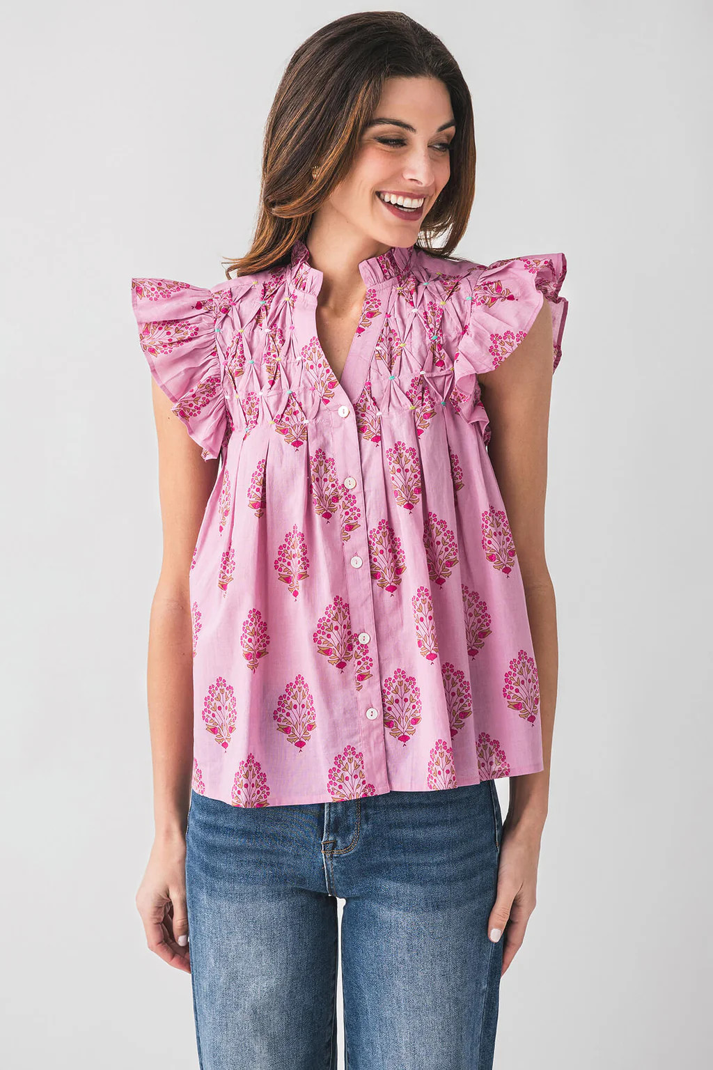 THML Azalea Splitneck Floral Print Swiss Dot Top | Social Threads