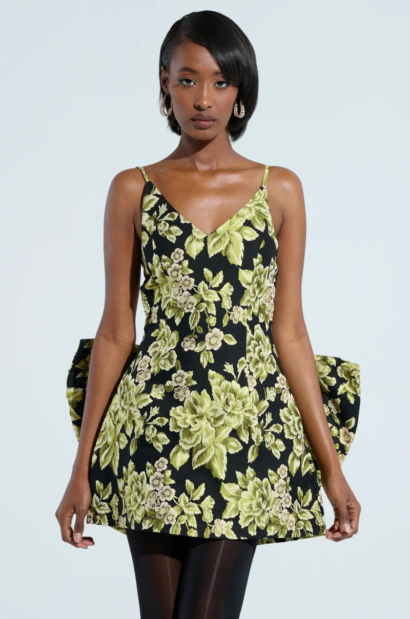 BUSINESS IN THE BACK BROCADE MINI DRESS WITH BOW | AKIRA