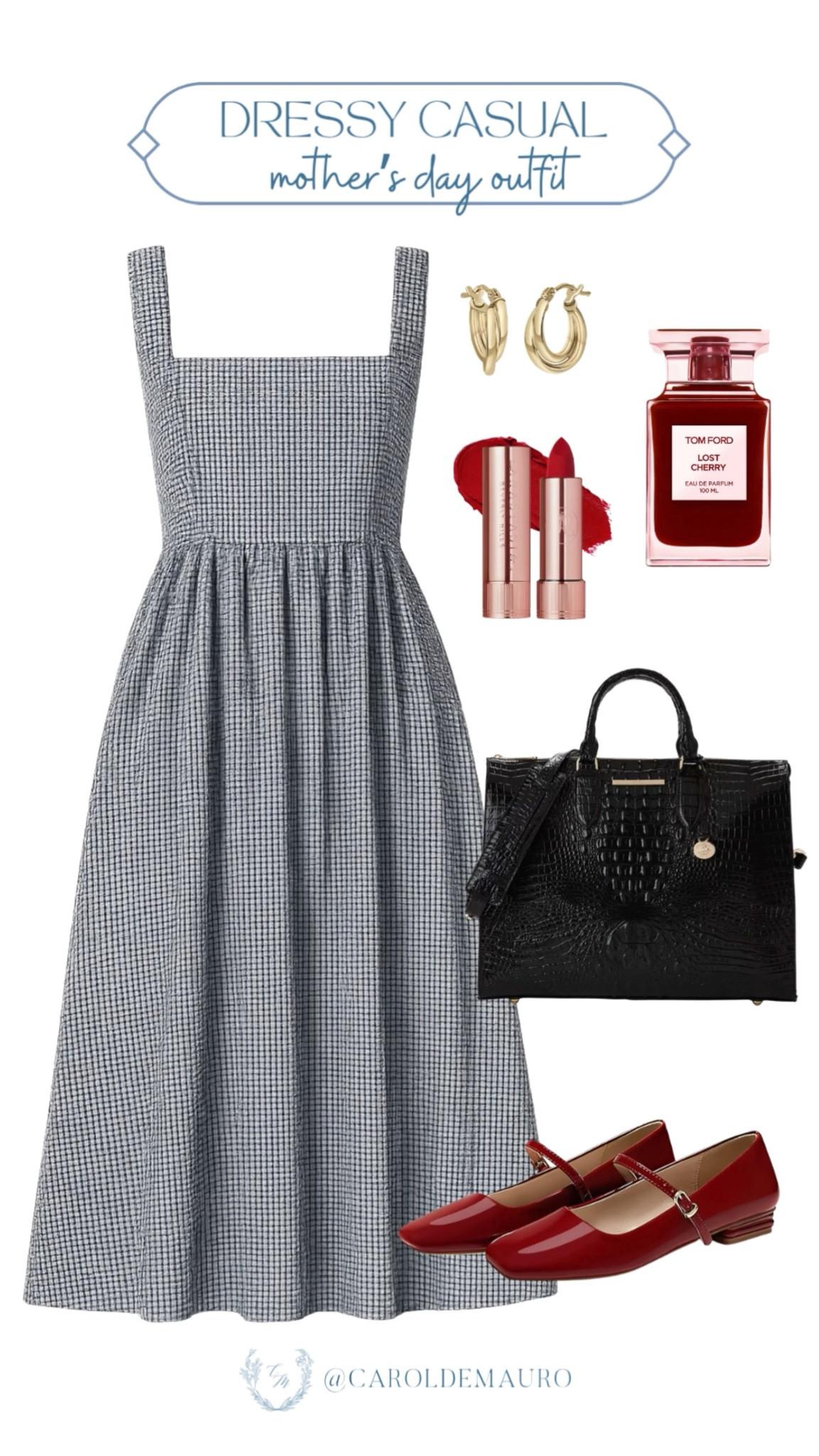 The perfect mix of classic and chic for your Mother's Day brunch! I am loving this timeless gingham midi dress paired with the prettiest pops of cherry red and gold accessories. Treat yourself (or drop a hint!) and shop this entire look! 

style tip, mothers day outfit, spring fashion, mary janes, brunch outfit, classic style, spring ootd

#LTKSeasonal #LTKootd #LTKU