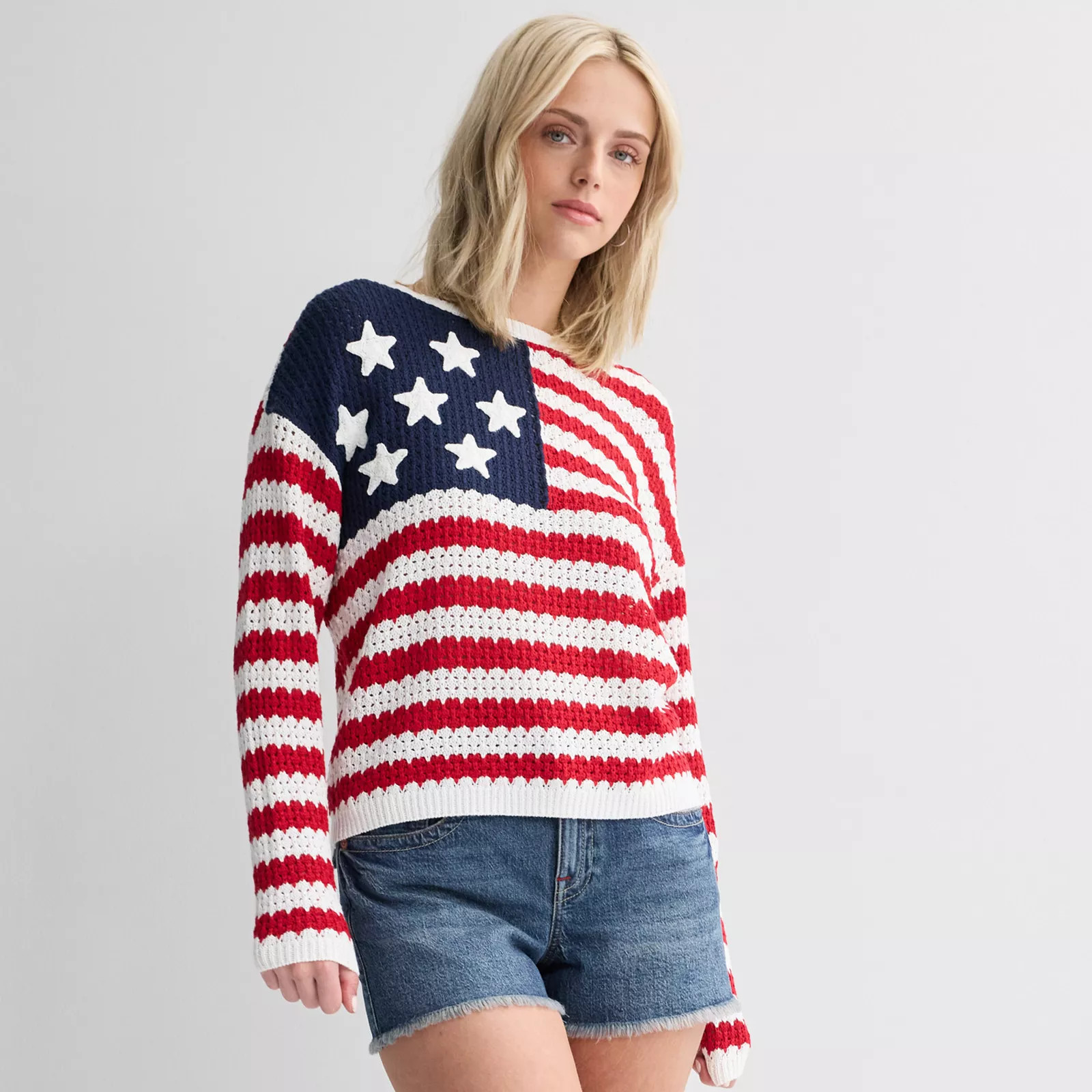 Juniors' Jollidays American Flag Crochet Crew Sweater, Women's, Size: Medium | Kohl's