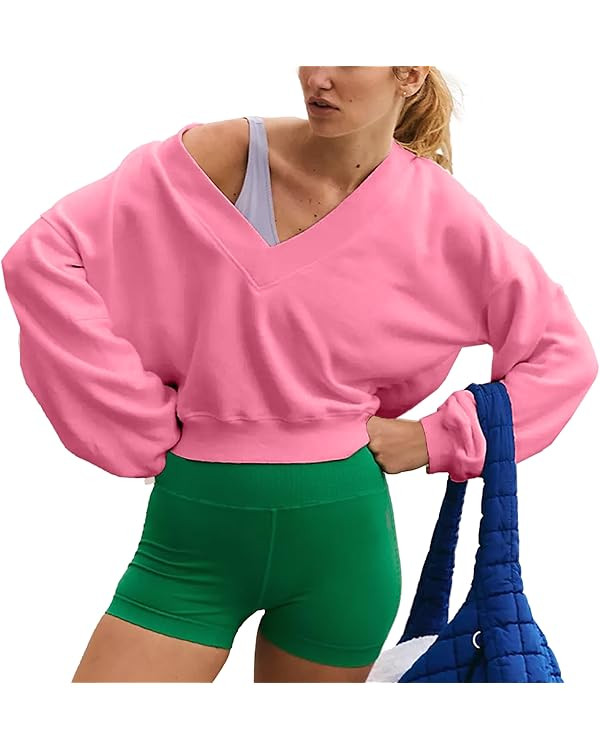 Women's Casual Sweatshirts V Neck Solid Color Long Sleeve Fleeze Sport Cropped Pullover 2024 Fall... | Amazon (US)