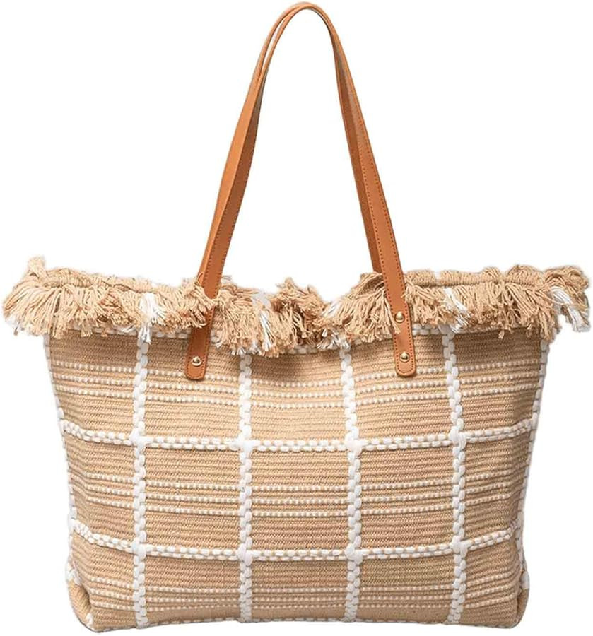 Women's large capacity canvas handbag shoulder bag beach bag tassel embroidered commuter women's ... | Amazon (US)