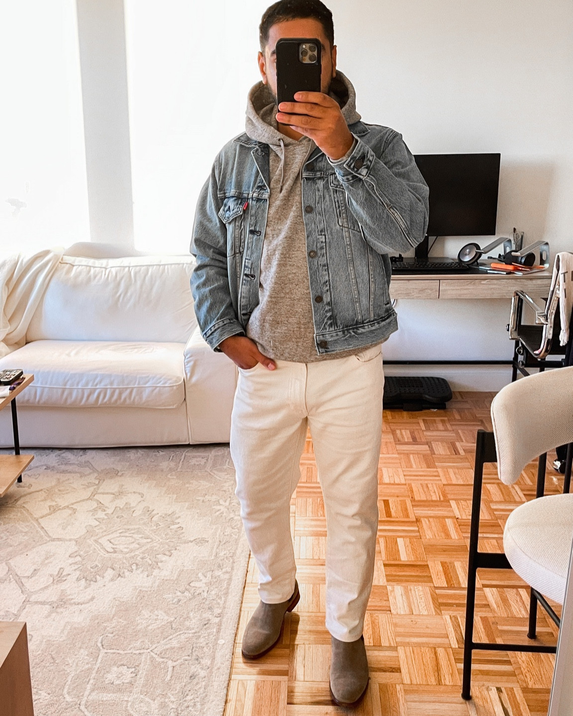 Mens casual outfit idea. Denim jacket outfit with a hoodie and light jeans and a Chelsea boot. 

#mensfashion #denimjacket #chelseaboots

#LTKmens #LTKunder100 #LTKSeasonal