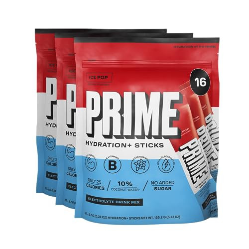 PRIME HYDRATION+ Sticks ICE POP | Hydration Powder Single Serve Sticks | Electrolyte Powder On The Go | Low Sugar | Caffeine-Free | Vegan | 48 Sticks | Amazon (US)