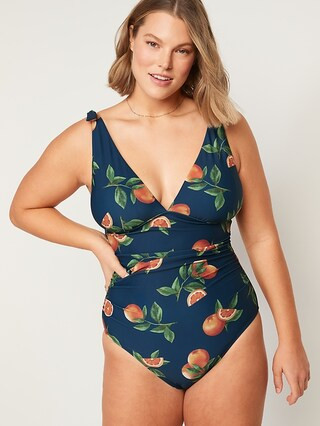 Tie-Shoulder Ruched Plunge One-Piece Swimsuit for Women | Old Navy (US)