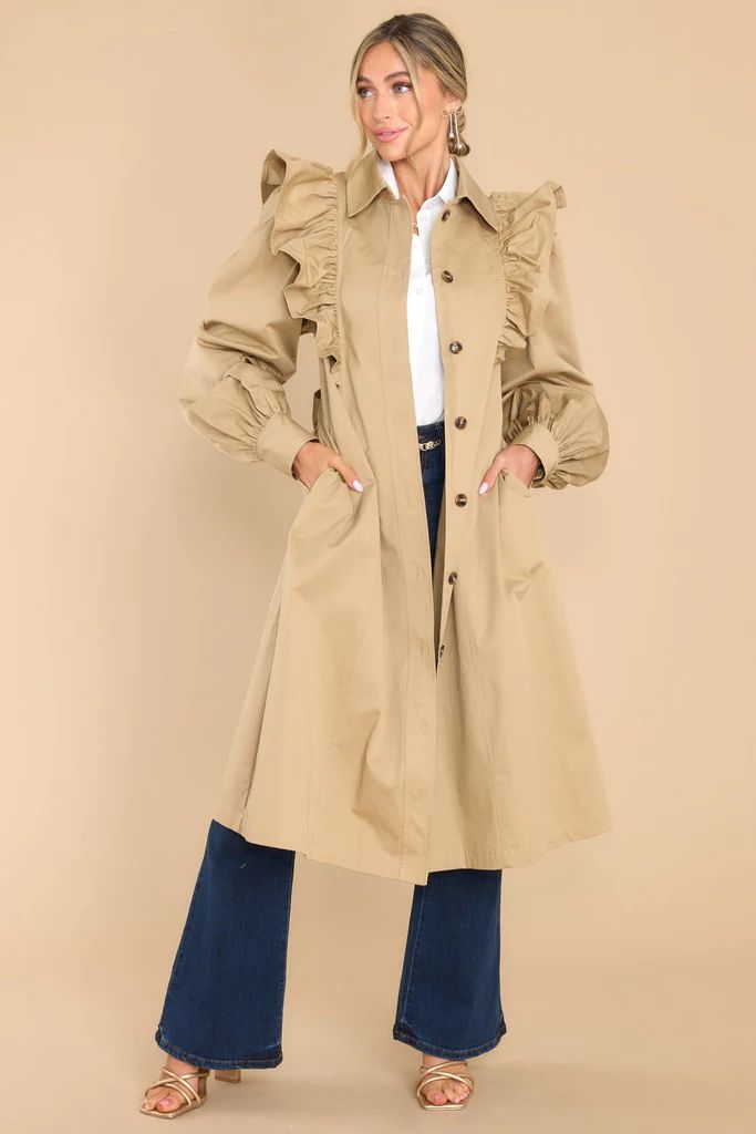 Love On The Brain Camel Ruffle Trench Coat | Red Dress 
