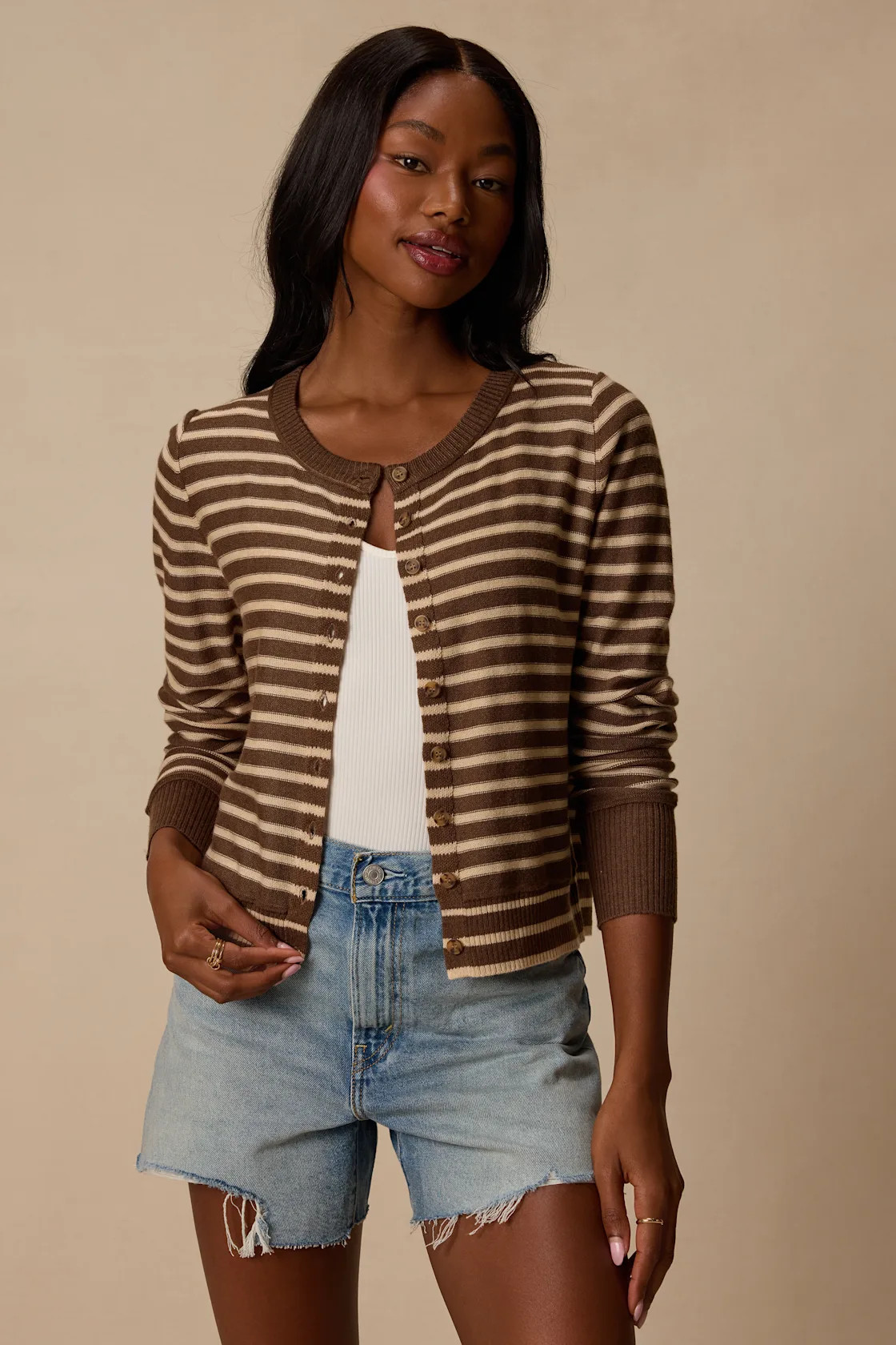 Becky Brown and Beige Striped Button-Up Cardigan | Lulus