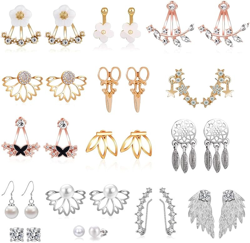 18/21 Pairs Multiple Lotus Flower Ear Jacket Earrings for Women and Girls-Minimalism CZ BarTurquo... | Amazon (US)