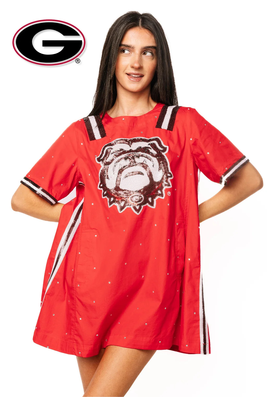 Licensed UGA Cotton Scattered Jewel Sequin Mascot Jersey Short Sleeve | Queen of Sparkles