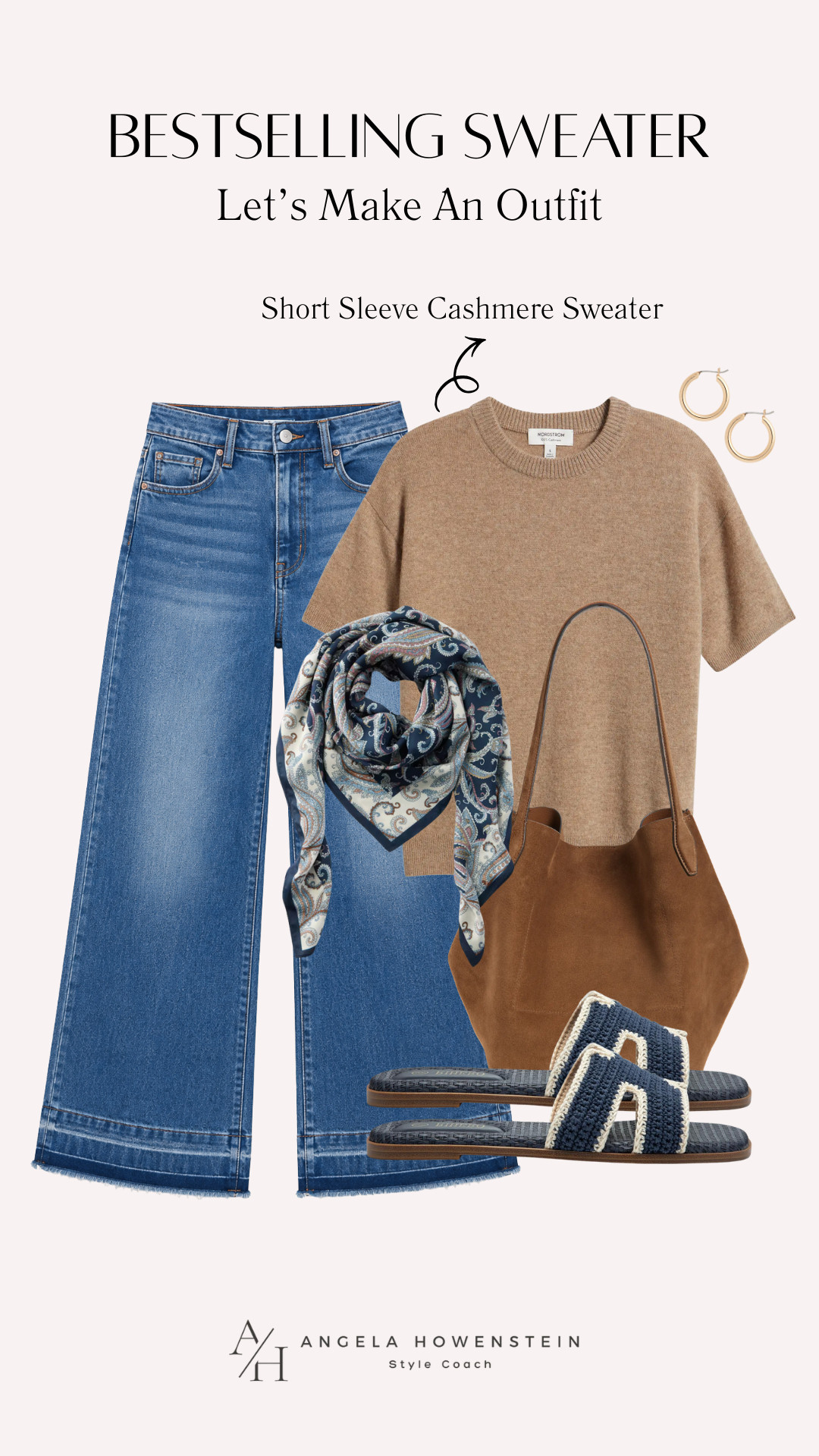 This bestselling short sleeve cashmere sweater has become a favorite for good reason. Soft, lightweight, and endlessly versatile, it's the kind of elevated basic that works season after season. I styled it with wide-leg jeans, a rich suede tote, woven sandals, a printed scarf, and classic gold hoops for a timeless outfit that's polished without feeling overdone. It's proof that investing in versatile wardrobe staples makes getting dressed effortless.

👩‍💻 LTK PRO TIPS
❤️ Heart = Support my posts ;-)
🔖 Save = Keep this outfit for your next shopping trip.
📋 Lists = Organize your favorite wardrobe staples.
📲 Share = Send this to someone looking for the perfect sweater.
💬 Comment = Which color of this sweater would you choose? 

 #LTKootd #LTKSeasonal #LTKOver40