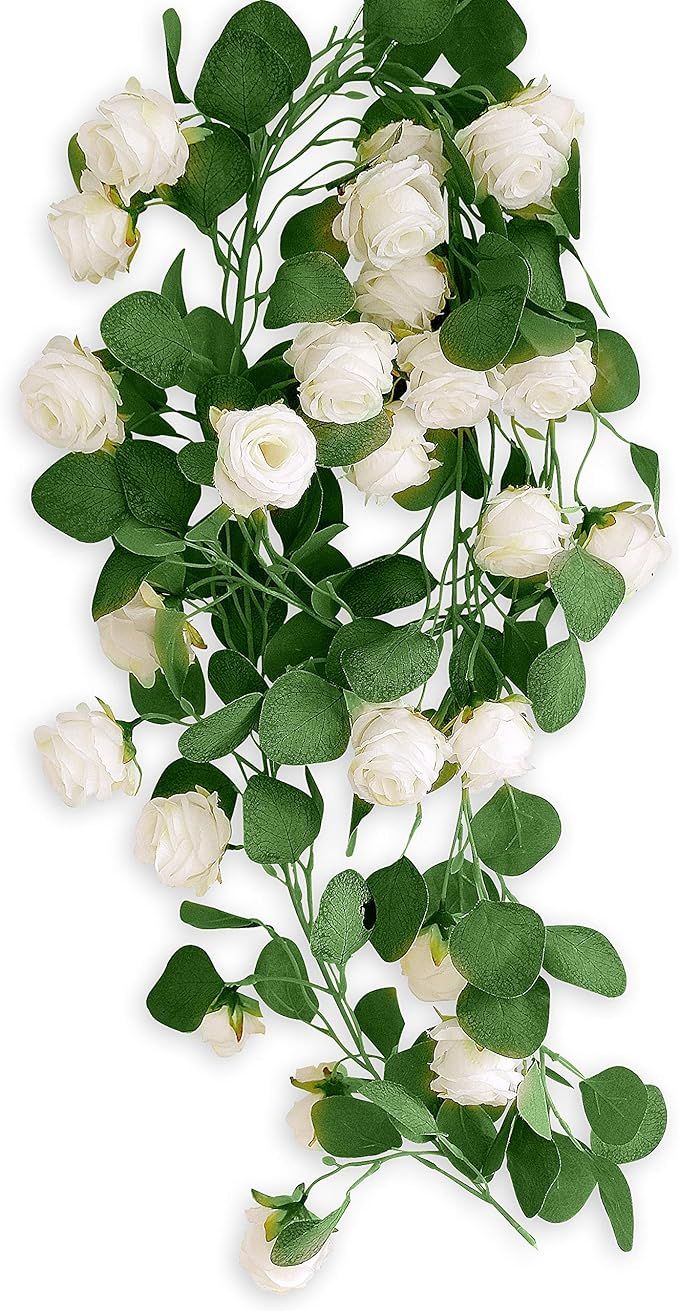 FRUNZE Eucalyptus Garland with White Roses - Artificial Vine Decoration for Home, Kitchen, Garden... | Amazon (US)