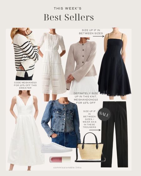 This week’s bestsellers!
Midi dress linen
Striped knit
Denim jacket from gap
Midi dress from gap
Straw tote from madewell
Trousers
Striped sweater
Jcrew trousers 
White sneakers
Lip oil 