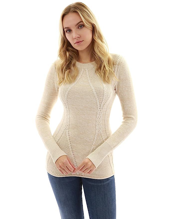 PattyBoutik Women Cotton Blend Crewneck Cable Knit Sweater | Amazon (US)