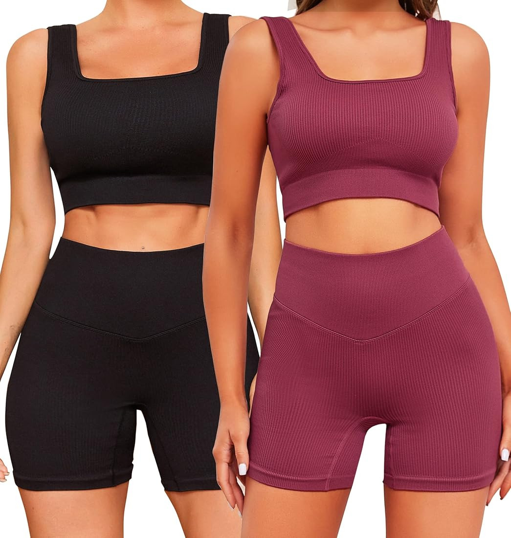 FINETOO Workout Sets for Women 4 Pieces Ribbed Crop Tank Shorts Active Gym Exercise High Waisted ... | Amazon (US)