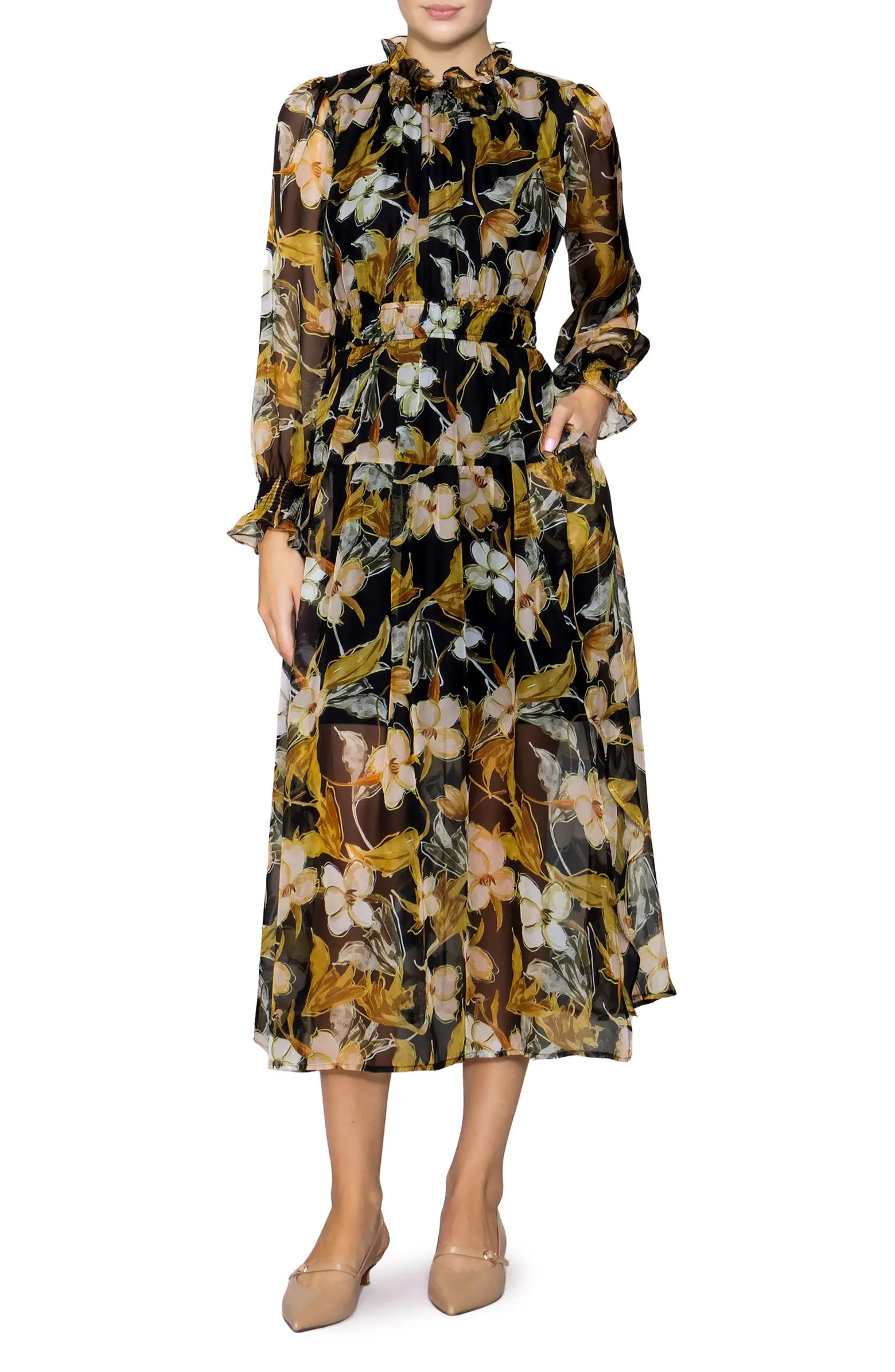 MELLODAY Floral Ruffle Long Sleeve Chiffon Fit & Flare Dress | Nordstromrack | Nordstrom Rack
