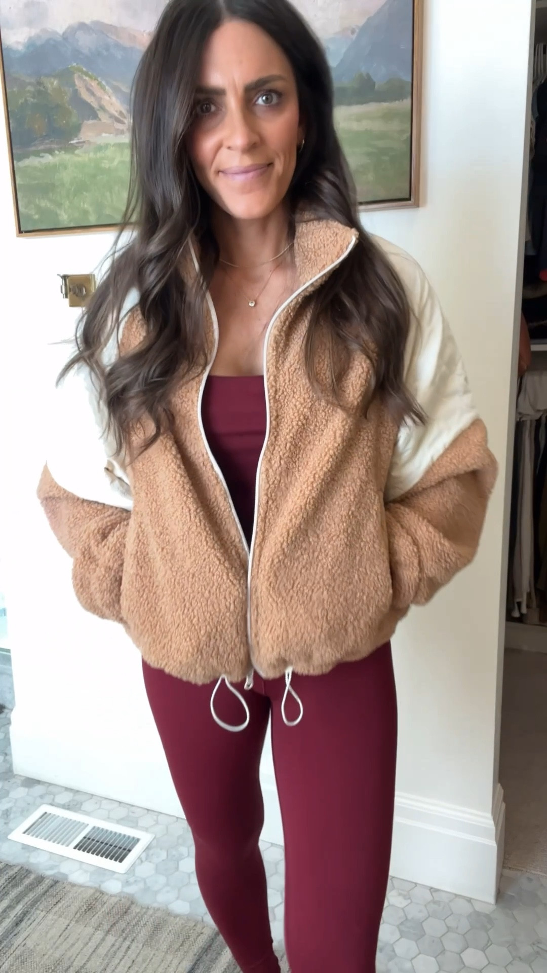Aerie set today and it’s so good. The maroon or red wine color is perfect for winter. The leggings are flattering and not too thick. I’m in a small. The tank has adjustable straps and padding. I’m in a medium but needed a small. The fleece jacket comes in SO many fun color combos. Perfect weight to throw over anything! 

#LTKActive #LTKOver40 #LTKootd