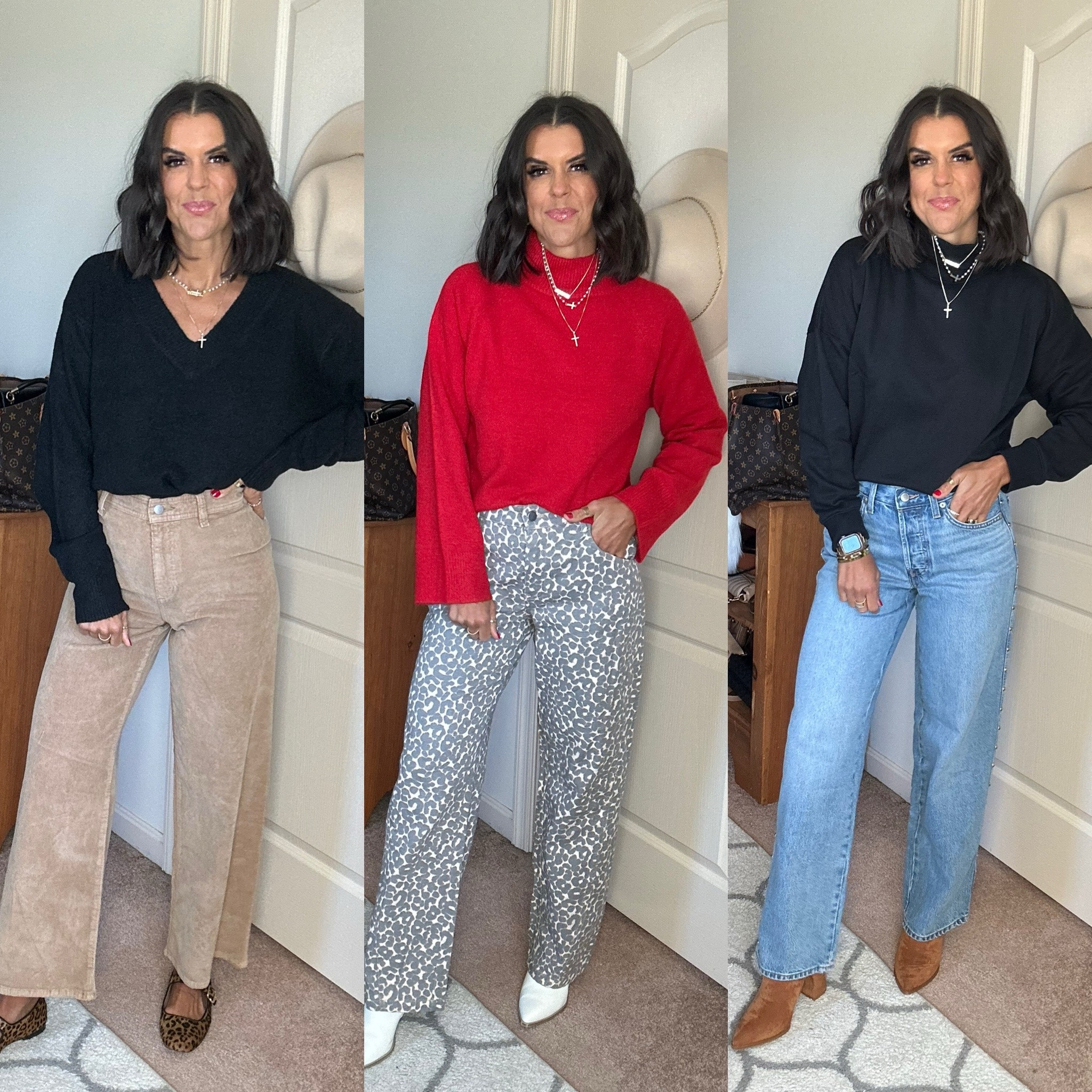 New Target Finds! 

Wearing size xs in both black sweaters, size small in red sweater. 
Size 2 in tan corduroy pants and jeans. 
Size small in leopard print jeans (need size xs. Run slightly big) 
Shoes fit true to size 

#LTKFindsUnder100 #LTKStyleTip #LTKSaleAlert