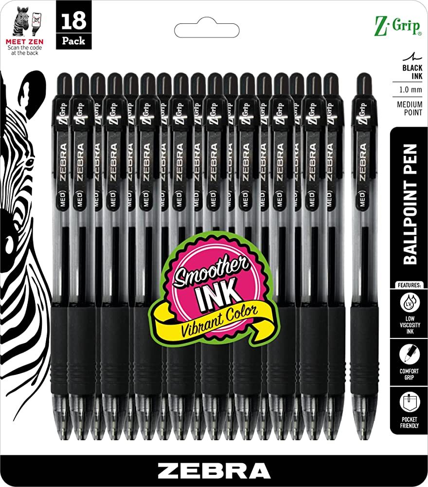 Zebra Pen Z-Grip Retractable Ballpoint Pen, Medium Point, 1.0mm, Black Ink, 18-pack | Amazon (US)