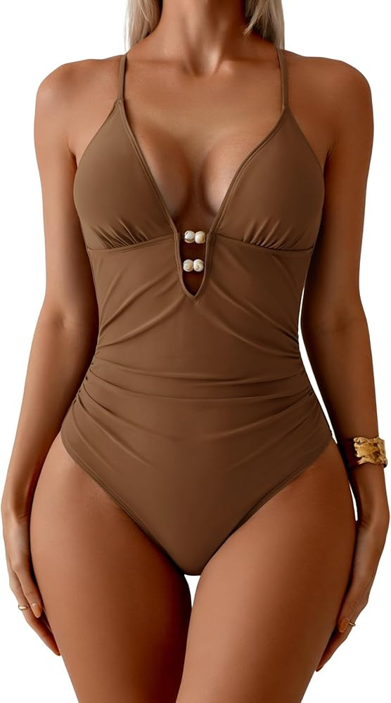 Sexy One Piece Swimsuit Backless Plunge V Neck Bathing Suit Tummy Control Ruched with Beaded Cuto... | Amazon (US)