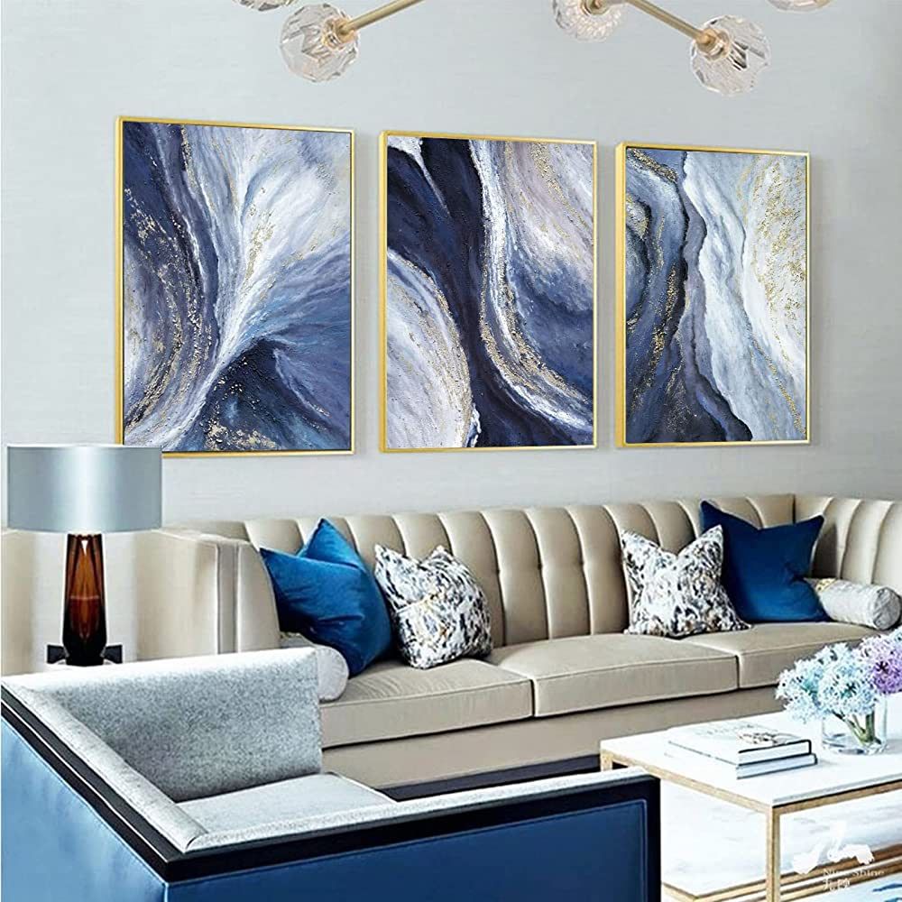 Framed Gold And Blue Abstract Canvas Wall Art For Living Room-3 Pieces Blue River and Mountain Oi... | Amazon (US)