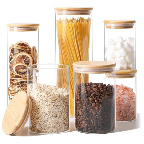 ComSaf Glass Food Storage Jars Set of 6, Clear Glass Storage Containers with Lids, Canisters Sets for the kitchen, Spaghetti, Pasta, Flour, Nuts, Oat, Coffee and Sugar Container, Pantry Organization | Amazon (US)