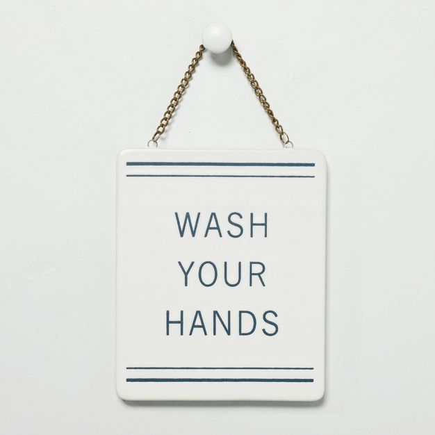 &#39;Wash Your Hands&#39; Stoneware Wall Sign Blue/Cream - Hearth &#38; Hand&#8482; with Magnolia | Target