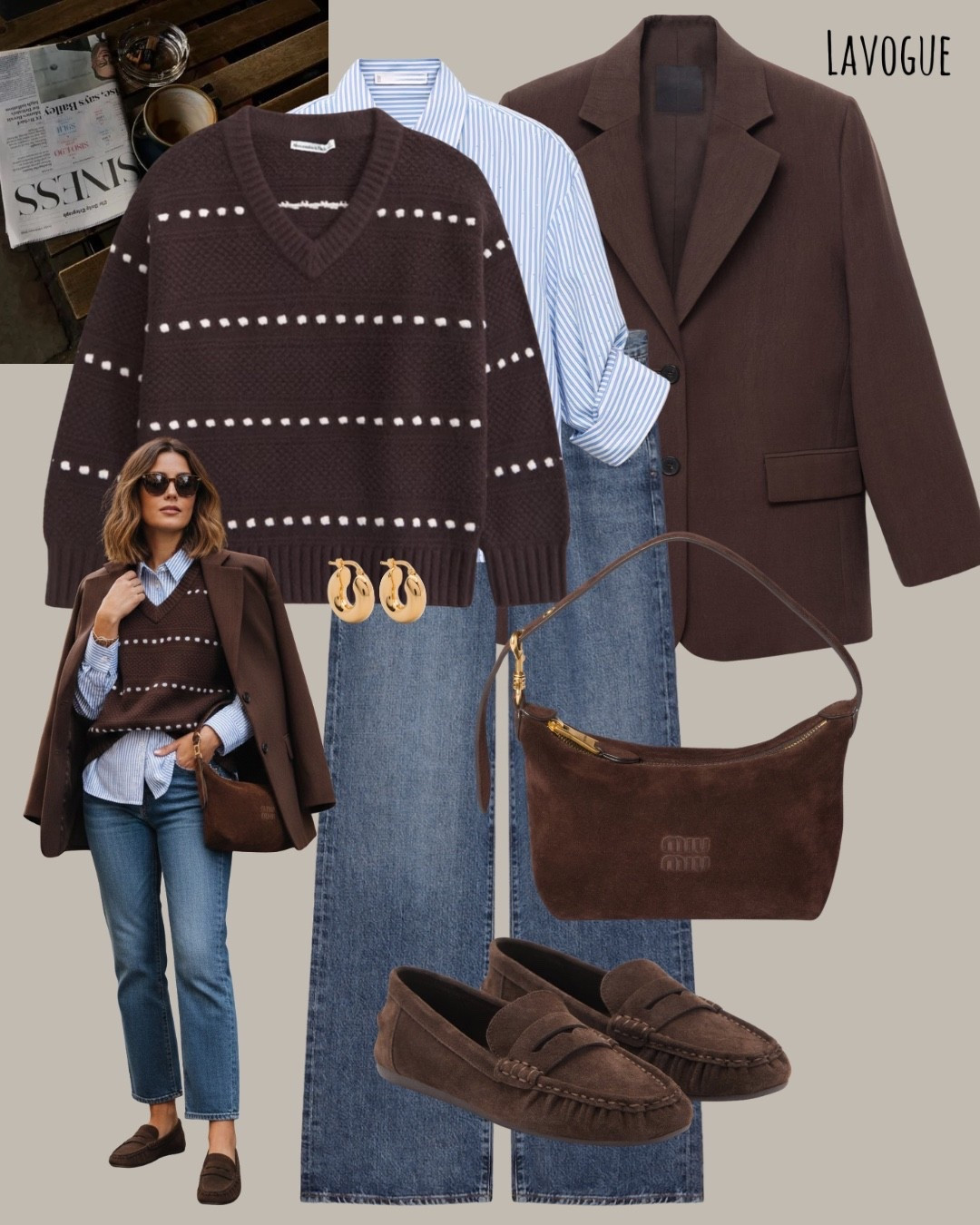 Brown blazer over a brown v-neck sweater with a blue striped shirt peeking through for that timeless layered look. Paired with classic blue jeans, suede brown loafers, and a matching bag to keep it polished and cohesive.
Effortless, elevated, and perfect work outfit. Shop the look 👇🏼

#LTKootd #LTKSeasonal #LTKWorkwear