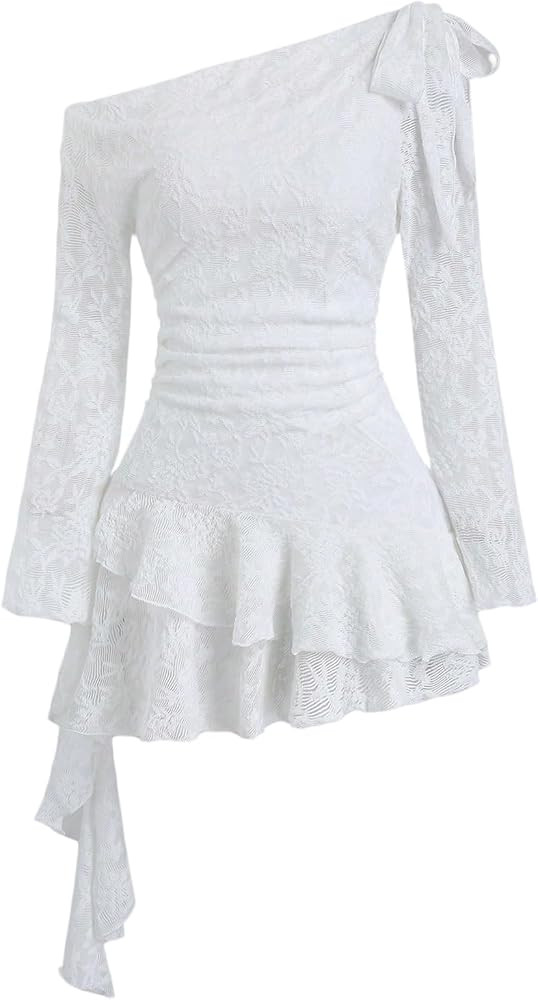 WDIRARA Women's Floral Lace Off the Shoulder Dress Ruched Long Sleeve Layered Ruffle Dresses | Amazon (US)