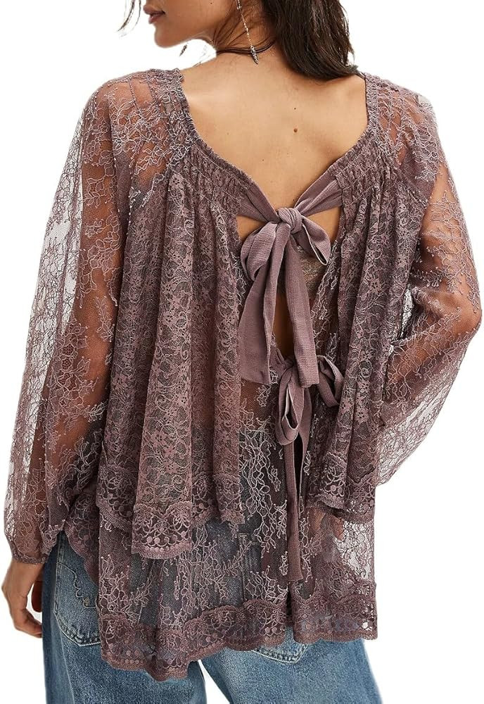 Women Lace Tie Front Top Ruffle Trim Long Sleeve Chiffon Cardigan Boho Flowy Coquette Peplum Shir... | Amazon (US)